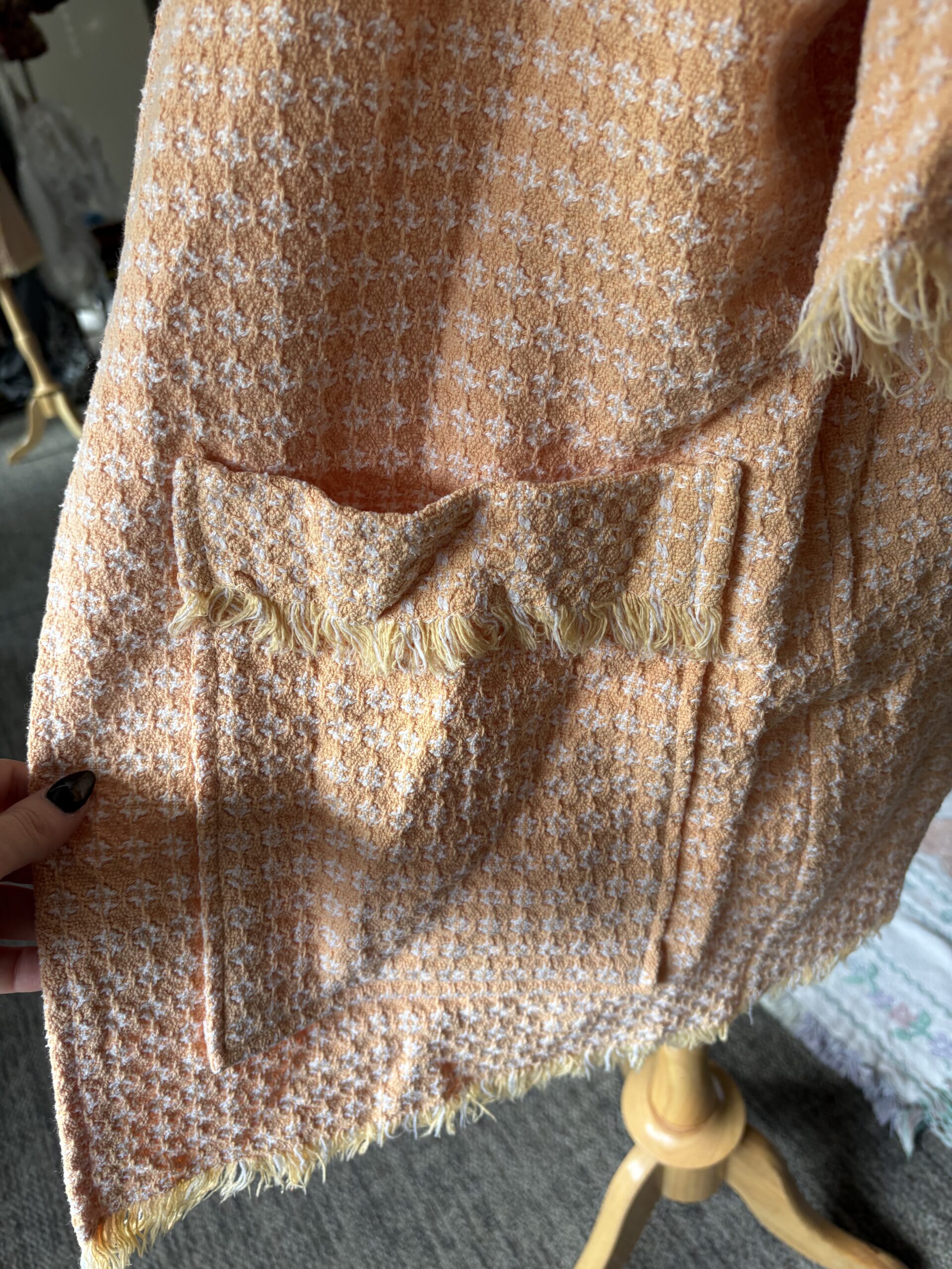 Upcycled Cardigan from Vintage Orange & Cream Woven Blanket - Image 2