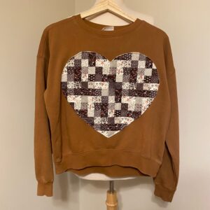 Upcycled Brown Sweatshirt with Rag Quilt Heart Appliqué