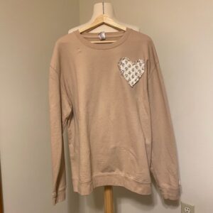 Upcycled Tan Sweatshirt with Rag Quilt Heart Appliqué