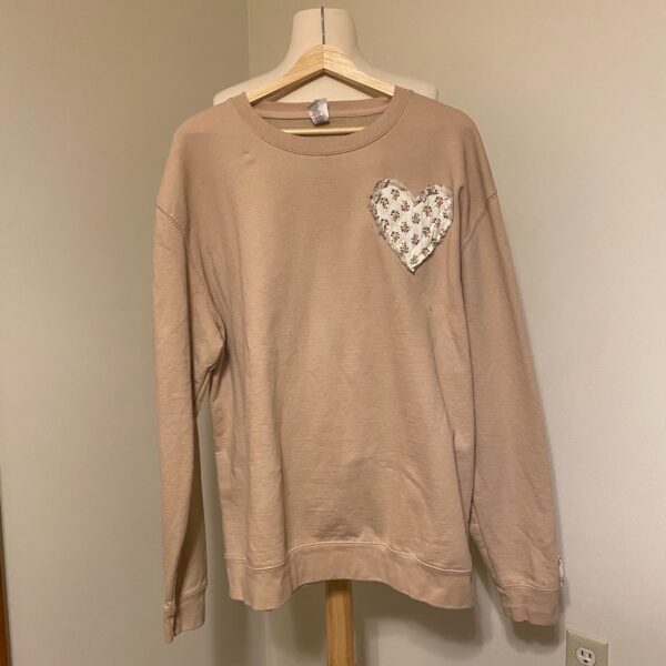 Upcycled Tan Sweatshirt with Rag Quilt Heart Appliqué
