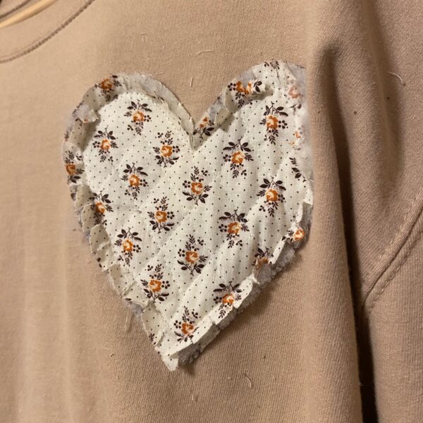 Upcycled Tan Sweatshirt with Rag Quilt Heart Appliqué - Image 2