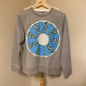 Upcycled Grey Sweatshirt with Vintage Quilt Appliqué – Blue & White