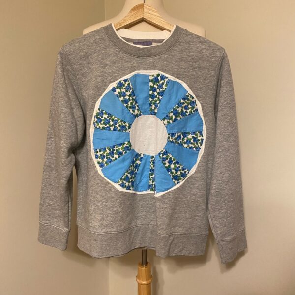 Upcycled Grey Sweatshirt with Vintage Quilt Appliqué – Blue & White