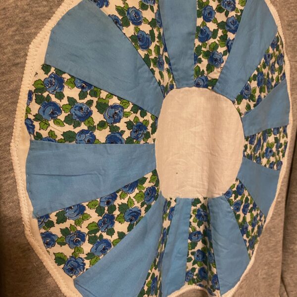 Upcycled Grey Sweatshirt with Vintage Quilt Appliqué – Blue & White - Image 3