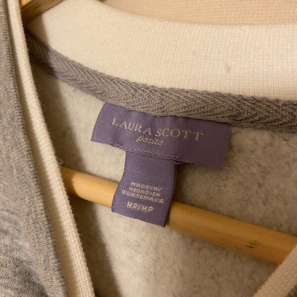 Upcycled Grey Sweatshirt with Vintage Quilt Appliqué – Blue & White - Image 2