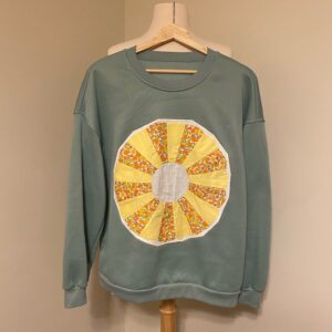 Upcycled Sage Green Sweatshirt with Vintage Quilt Appliqué