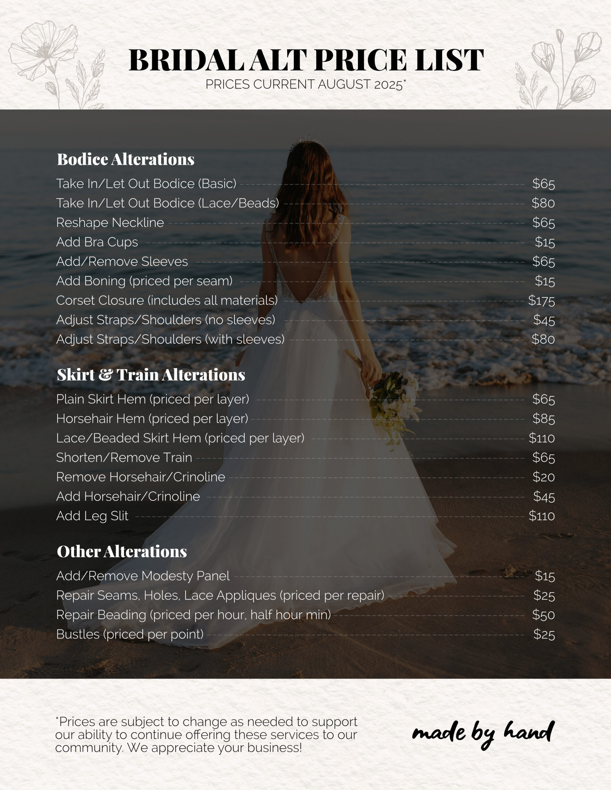 Bridal Price Sheet - Aug 2025 Bridal Price Sheet - Aug 2025