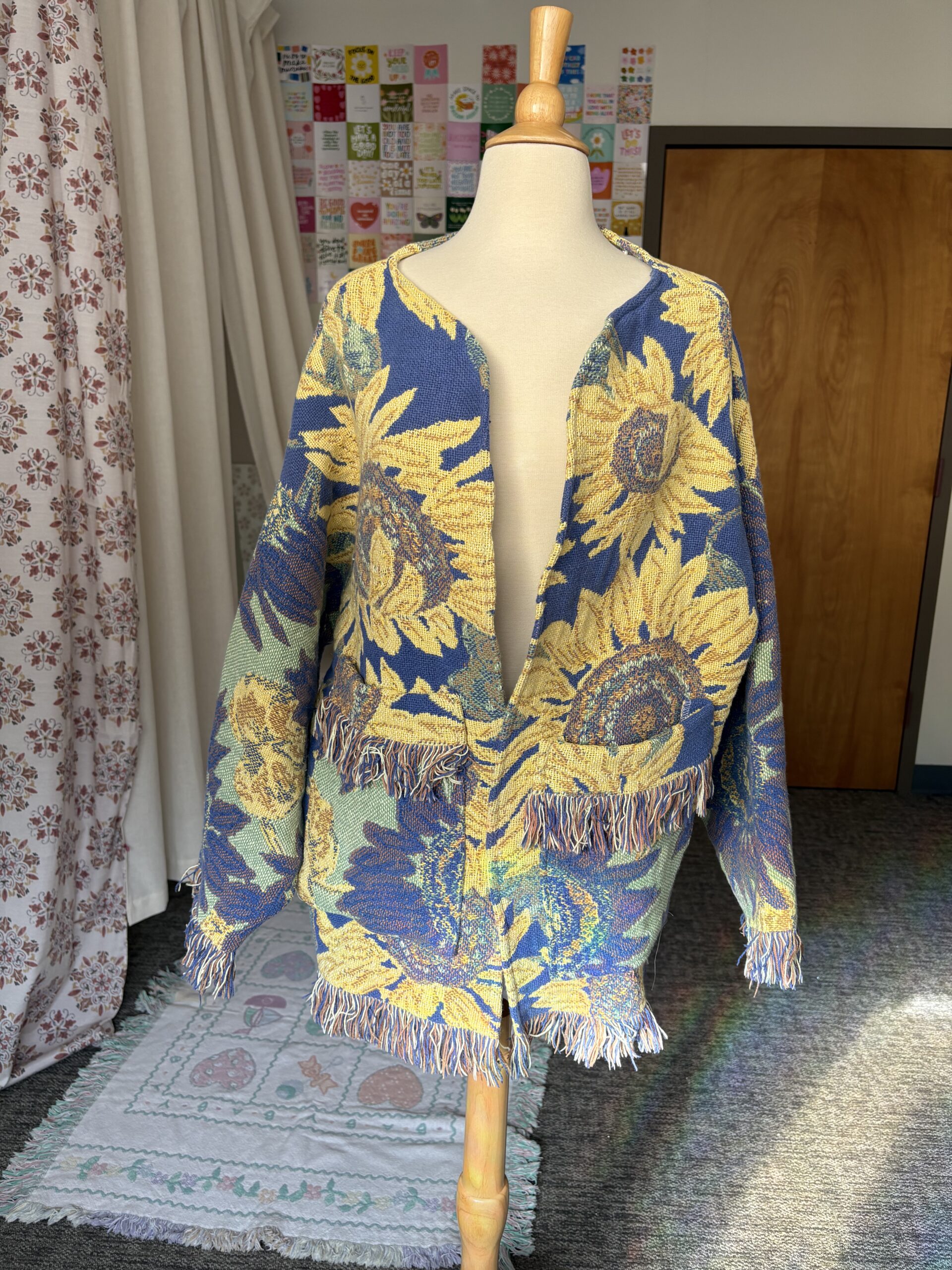 Upcycled Cardigan from Vintage Sunflower Woven Throw Blanket