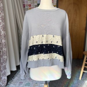 Upcycled Sweatshirt with Floral Stripe Appliqué – Blue, Grey, & Off-White