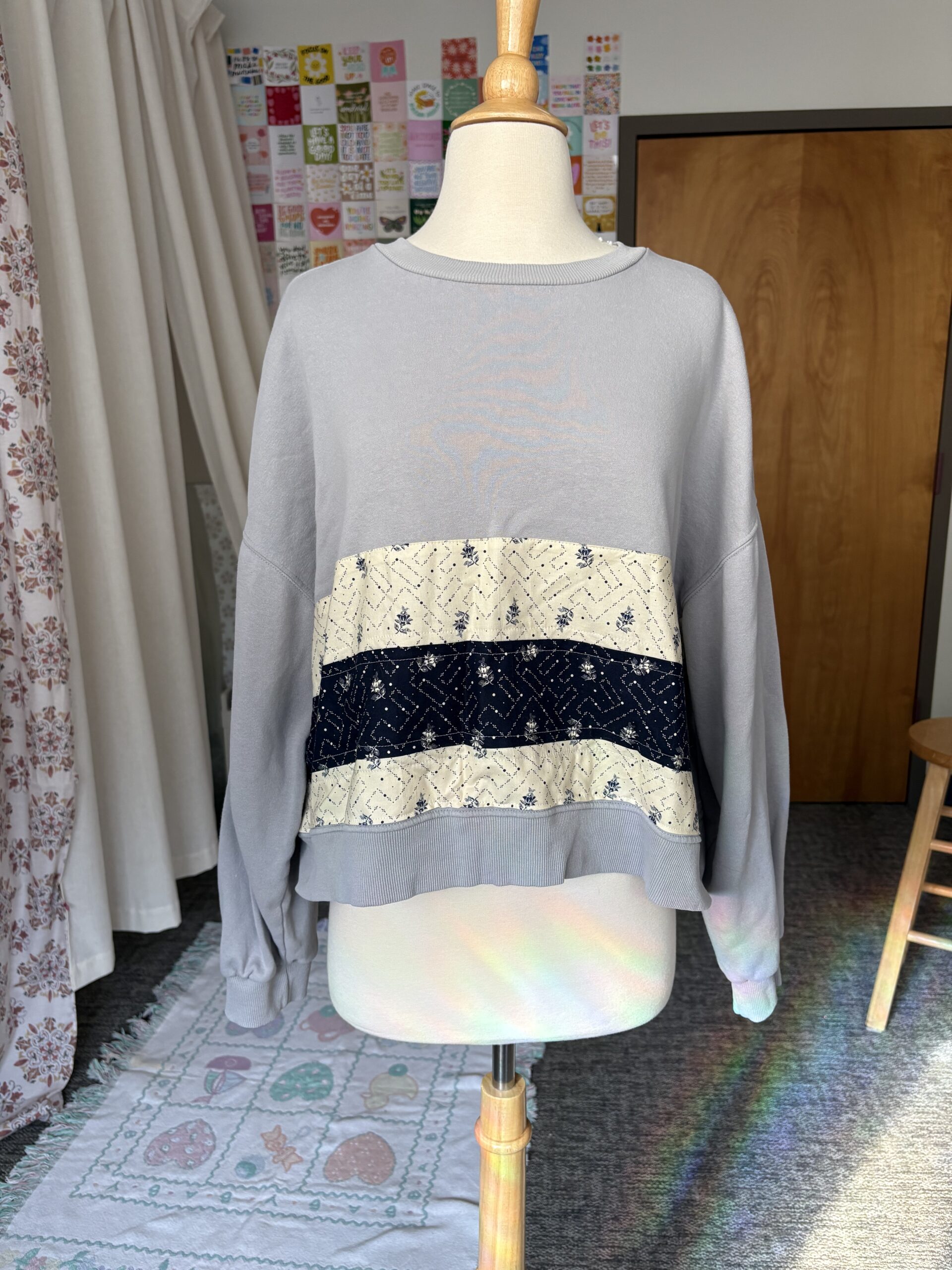 Upcycled Sweatshirt with Floral Stripe Appliqué – Blue, Grey, & Off-White