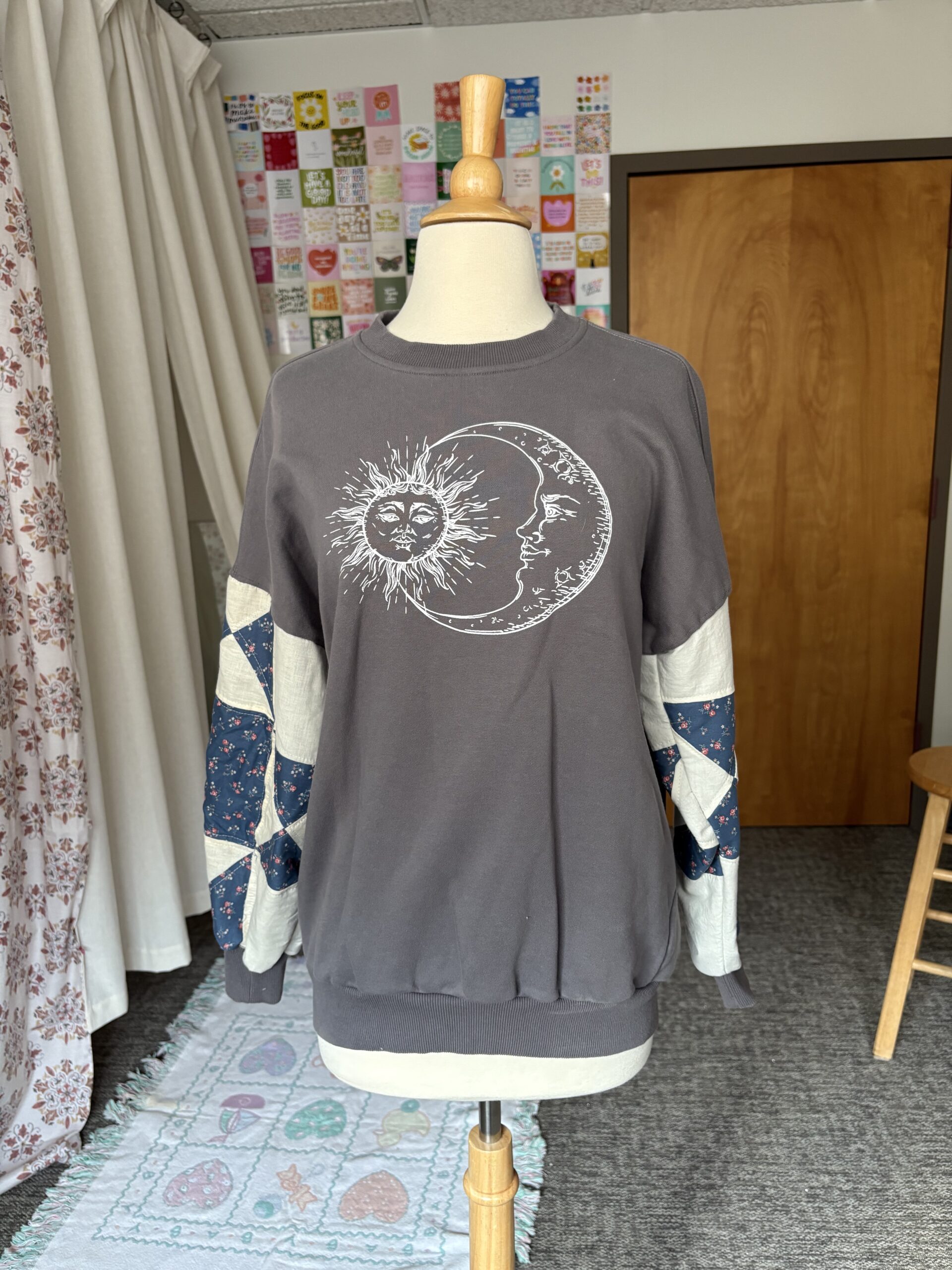 Upcycled Sun & Moon Sweatshirt with Patchwork Quilted Sleeves – Grey, Cream, & Blue