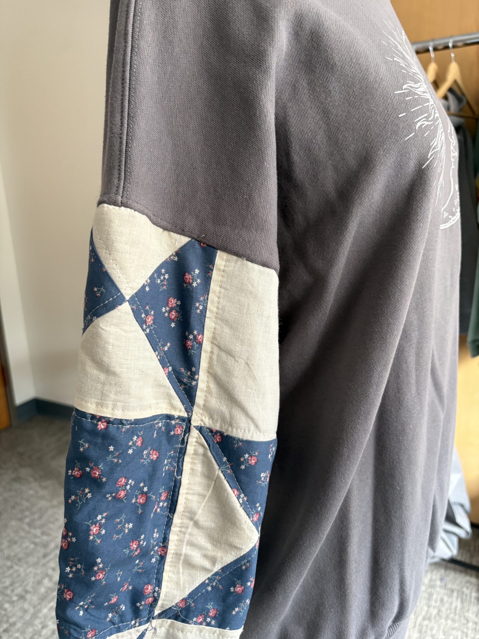 Upcycled Sun & Moon Sweatshirt with Patchwork Quilted Sleeves – Grey, Cream, & Blue - Image 2