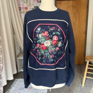 Upcycled Sweatshirt with Floral Quilt Panel Appliqué – Navy Blue