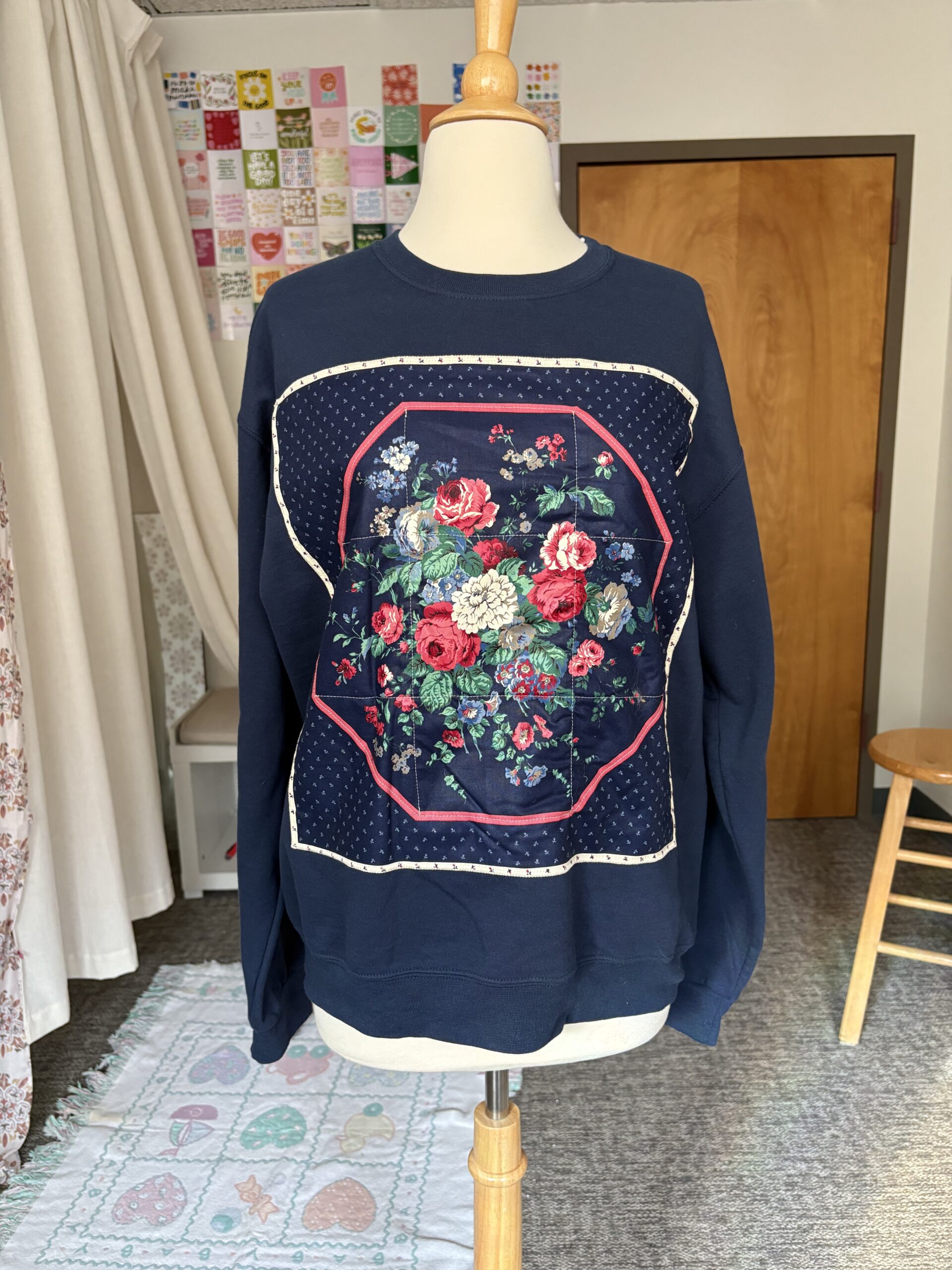 Upcycled Sweatshirt with Floral Quilt Panel Appliqué – Navy Blue