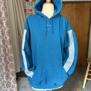 Upcycled Hoodie with Checkered Sleeve Stripes – Blue & White