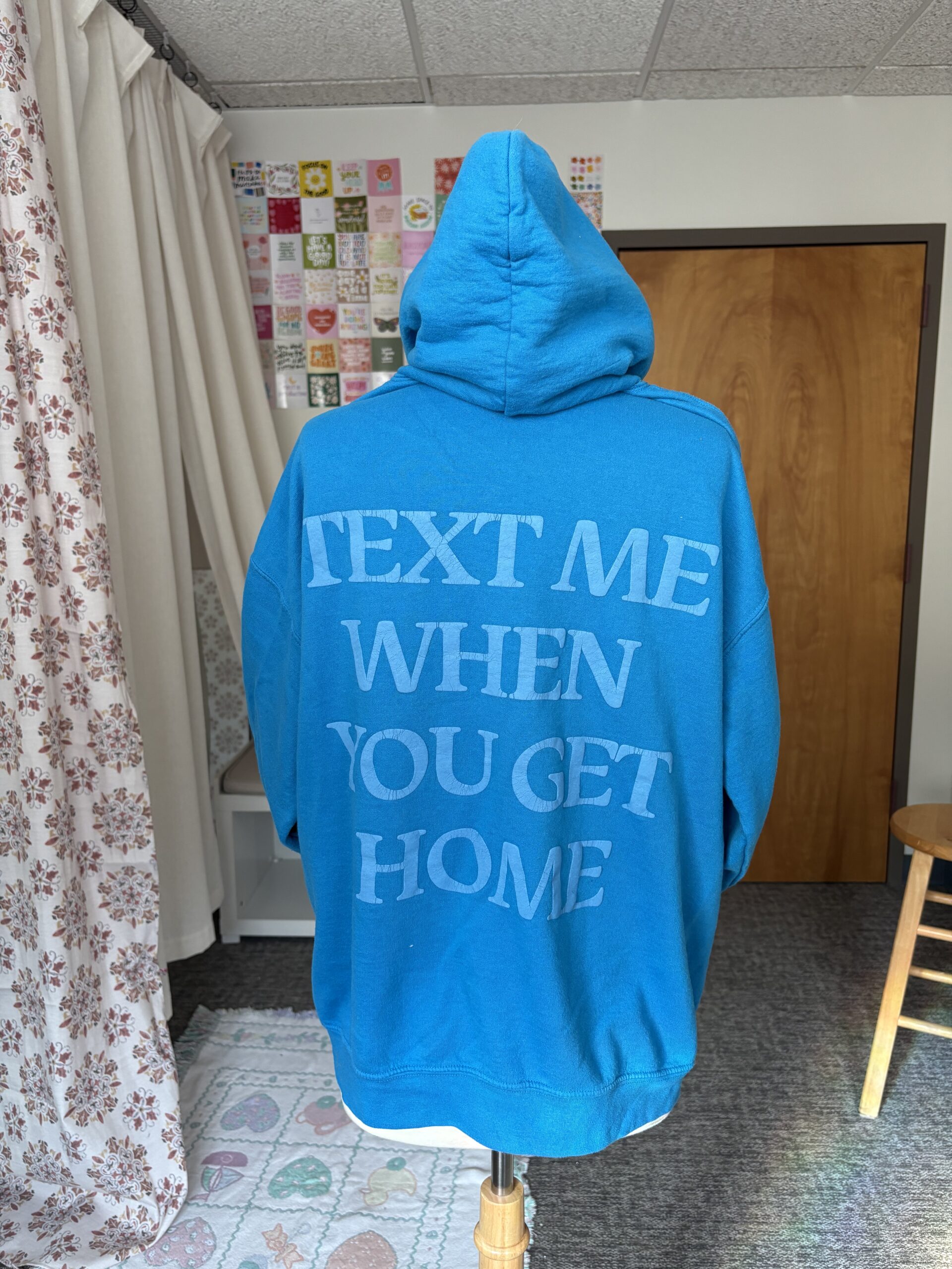 Upcycled Hoodie with Checkered Sleeve Stripes – Blue & White - Image 2