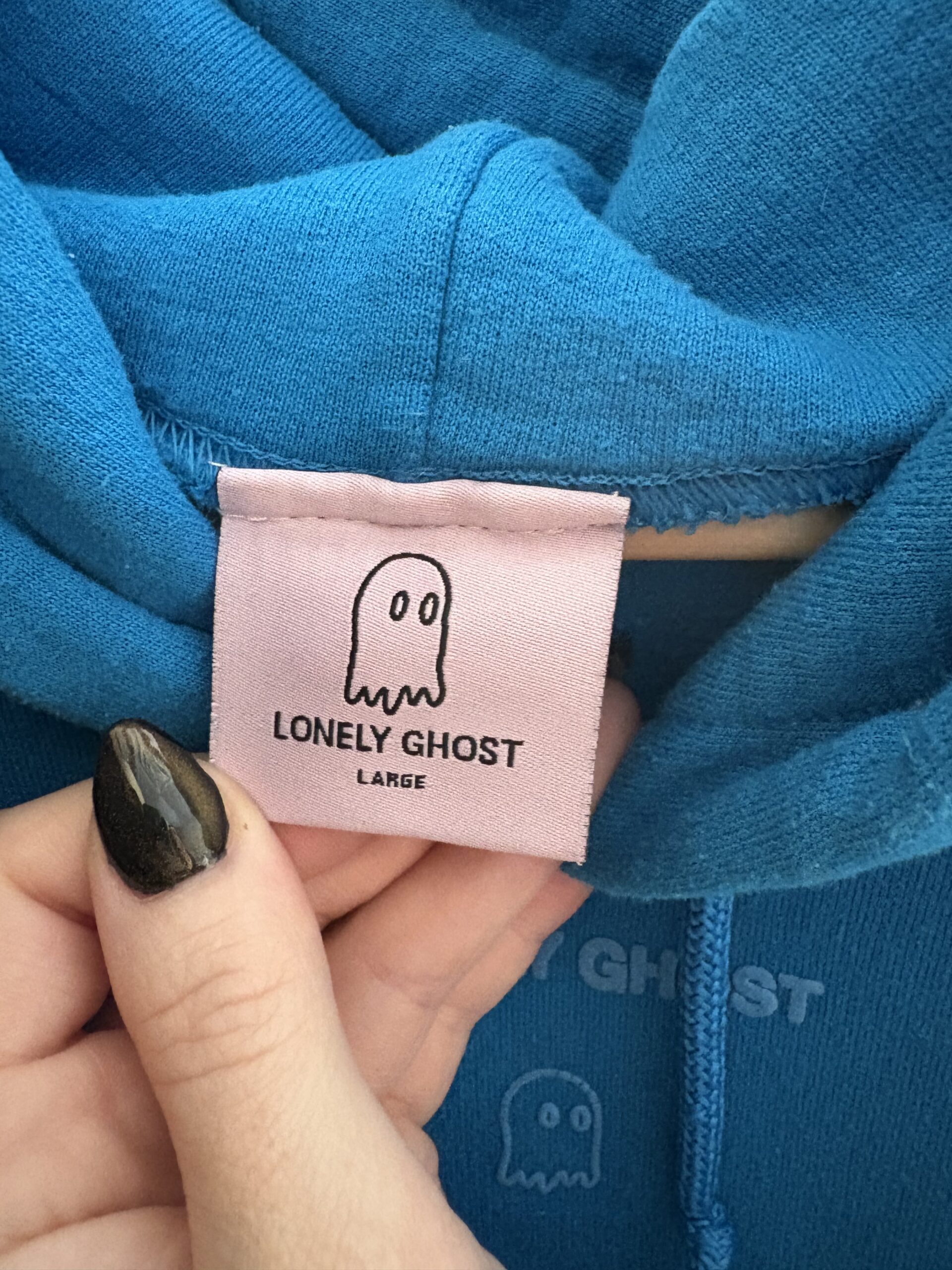 Upcycled Hoodie with Checkered Sleeve Stripes – Blue & White - Image 3