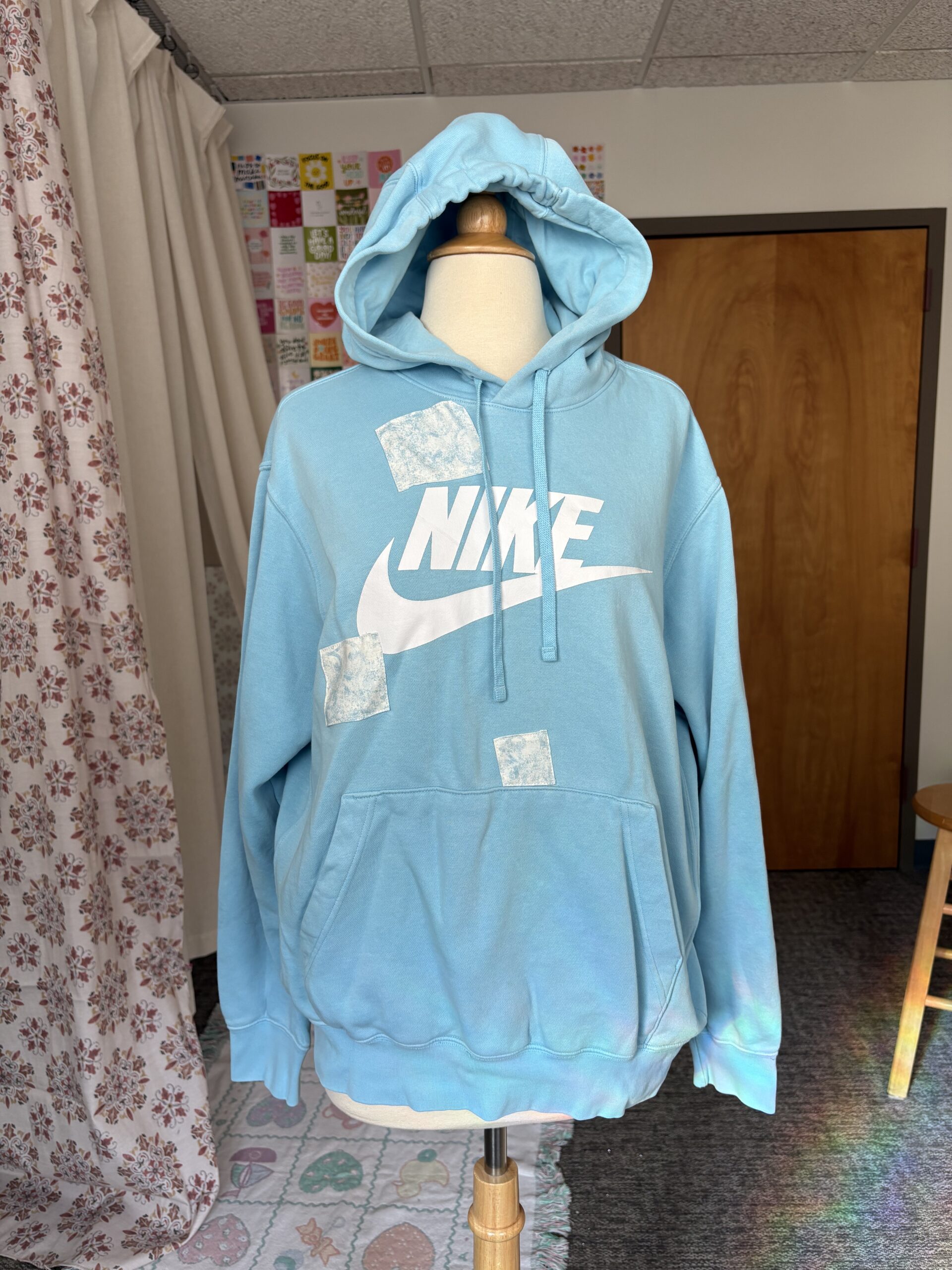 Upcycled Nike Hoodie with Tie Dye Patches – Blue & White