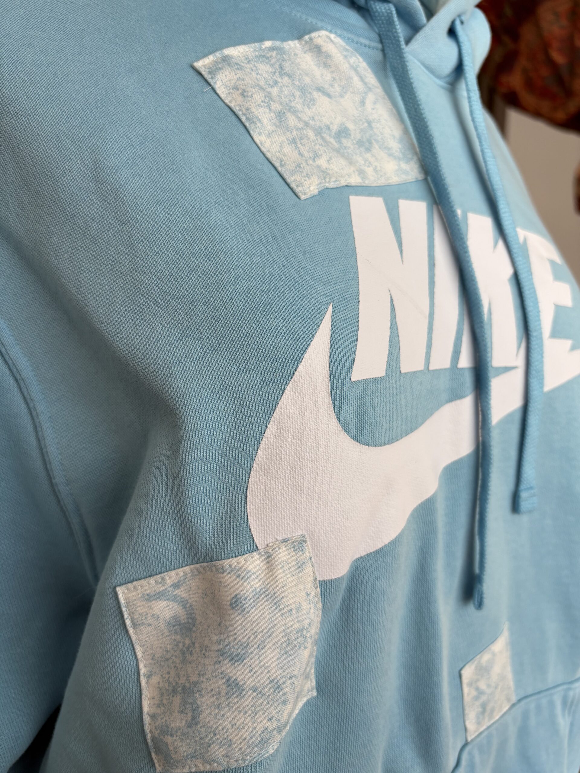 Upcycled Nike Hoodie with Tie Dye Patches – Blue & White - Image 2